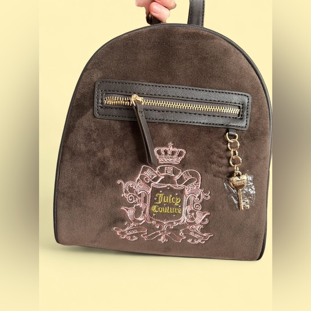 Juicy Couture NWT Mini Backpack Brown Velour “Juicy for All” w/ Key Charm - Picture 2 of 5